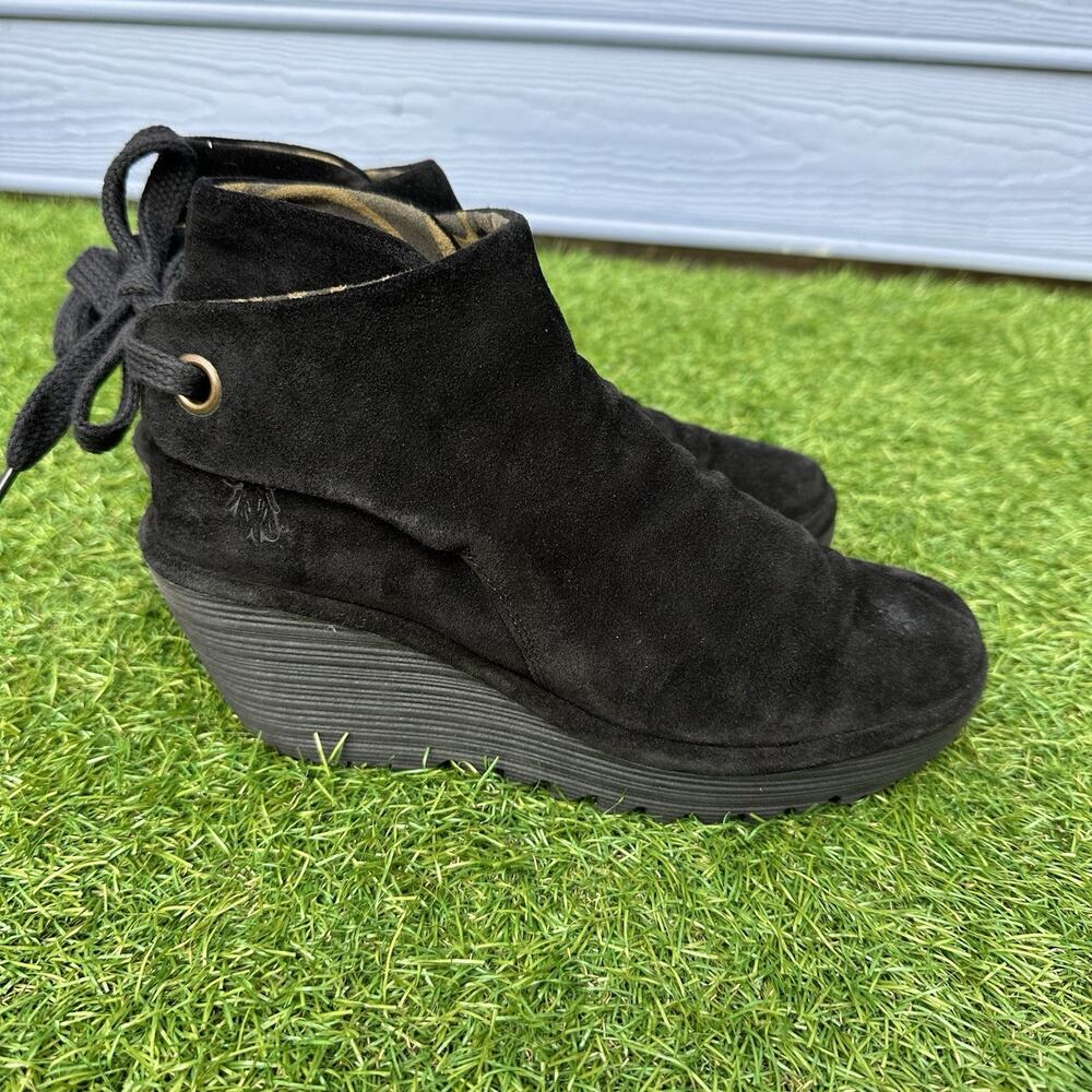 Fly London Boots Yebi Womens Size 10 Black Suede Leather Wedge Booties‎